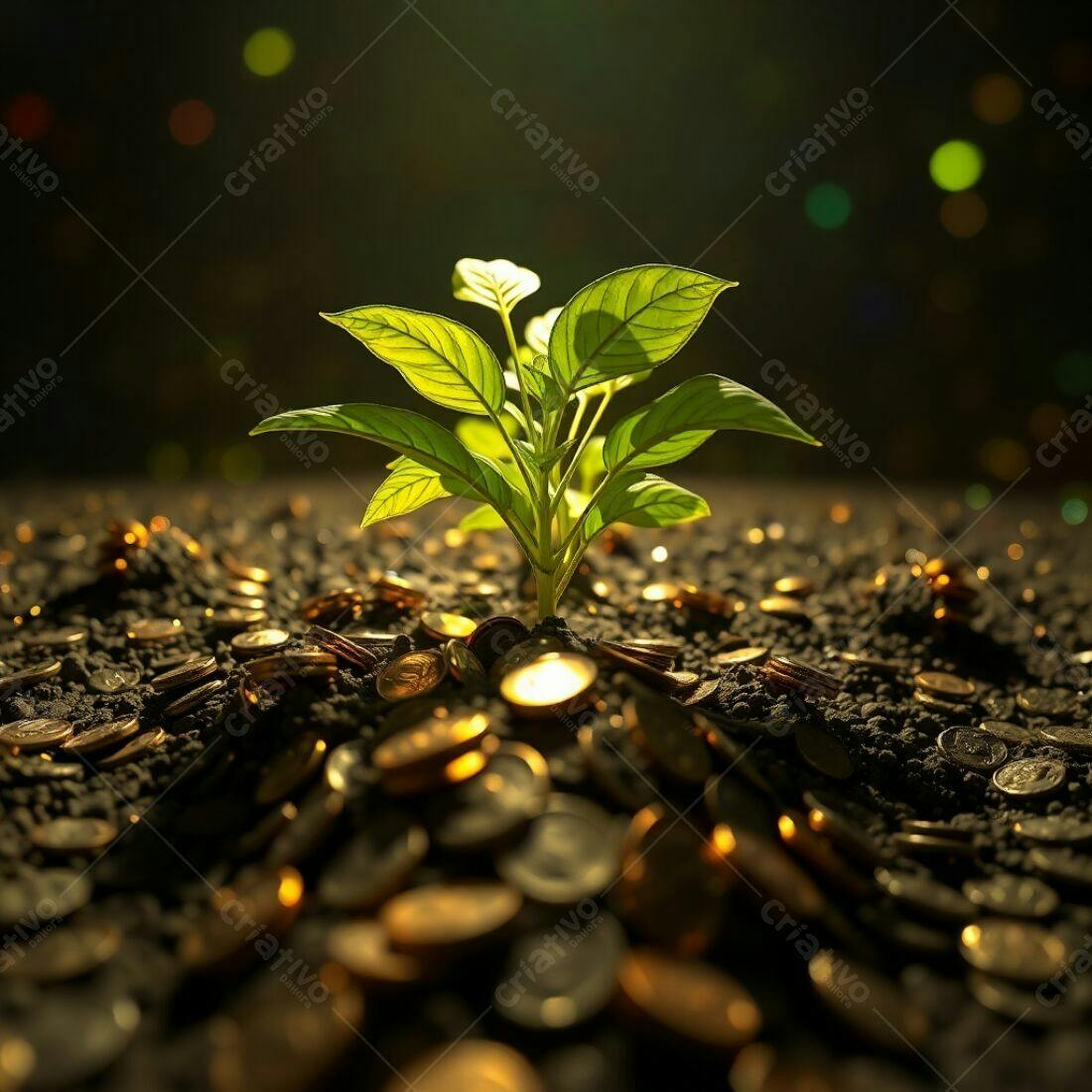 Planta crescendo entre moedas douradas