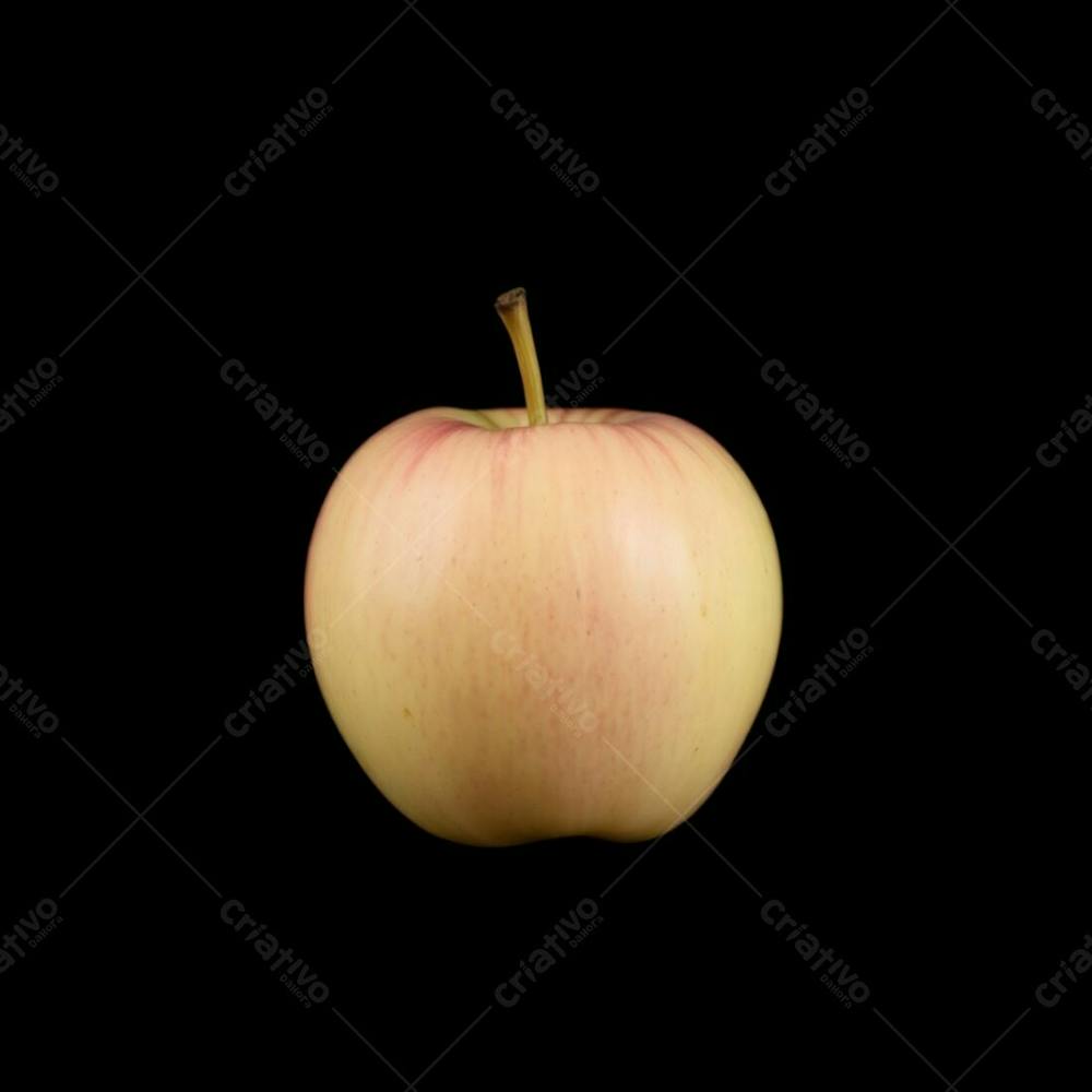 A Realistic Image Of An Apple Against A Black Background, Soft Pastel Colors, Strong Hard Light, Direct Harsh Shadows, Gentle And Soothing Aesthetic