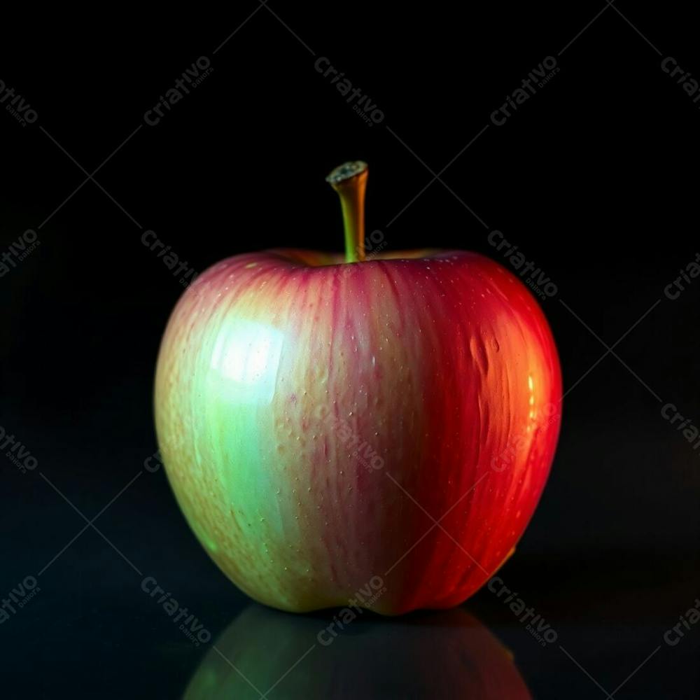 Realistic Image Of An Apple Against A Black Background, Exhibiting Iridescent Colors, Soft Focus, And A Hazy Background, With A Cinematic Haze