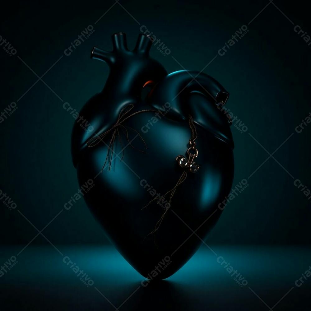 3D Model Of A Heart, Deep Teal, With Intense Dramatic Lighting Producing High Contrast, Luxurious, Vibrant Highlights And Deep Shadows. Tension Is Emphasized