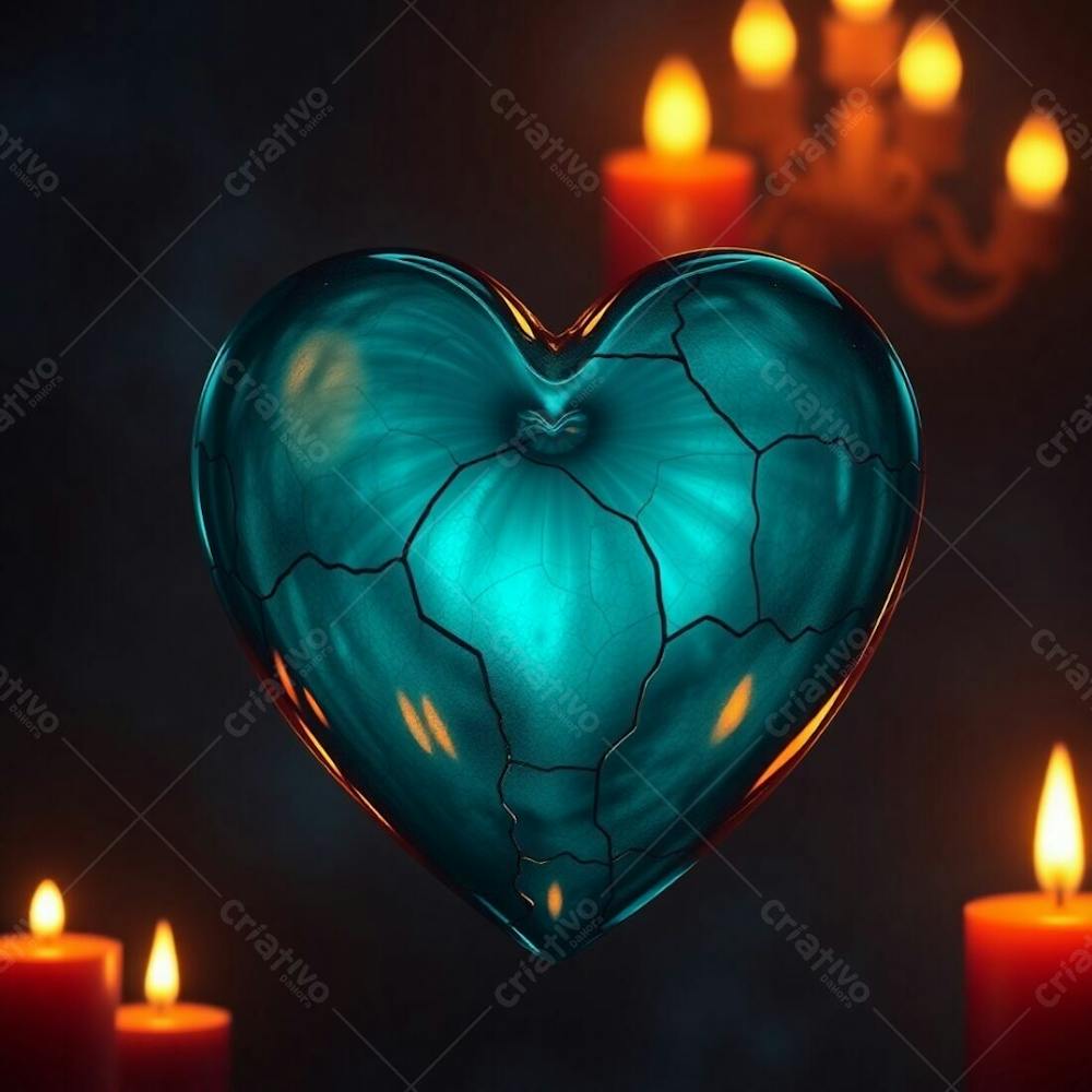 A 3D Heart Bathed In Rich Deep Teal Light, Warm Candlelight Accents, Flickering Flames, Warm Glow, Luxurious And Vibrant, Detailed Textures