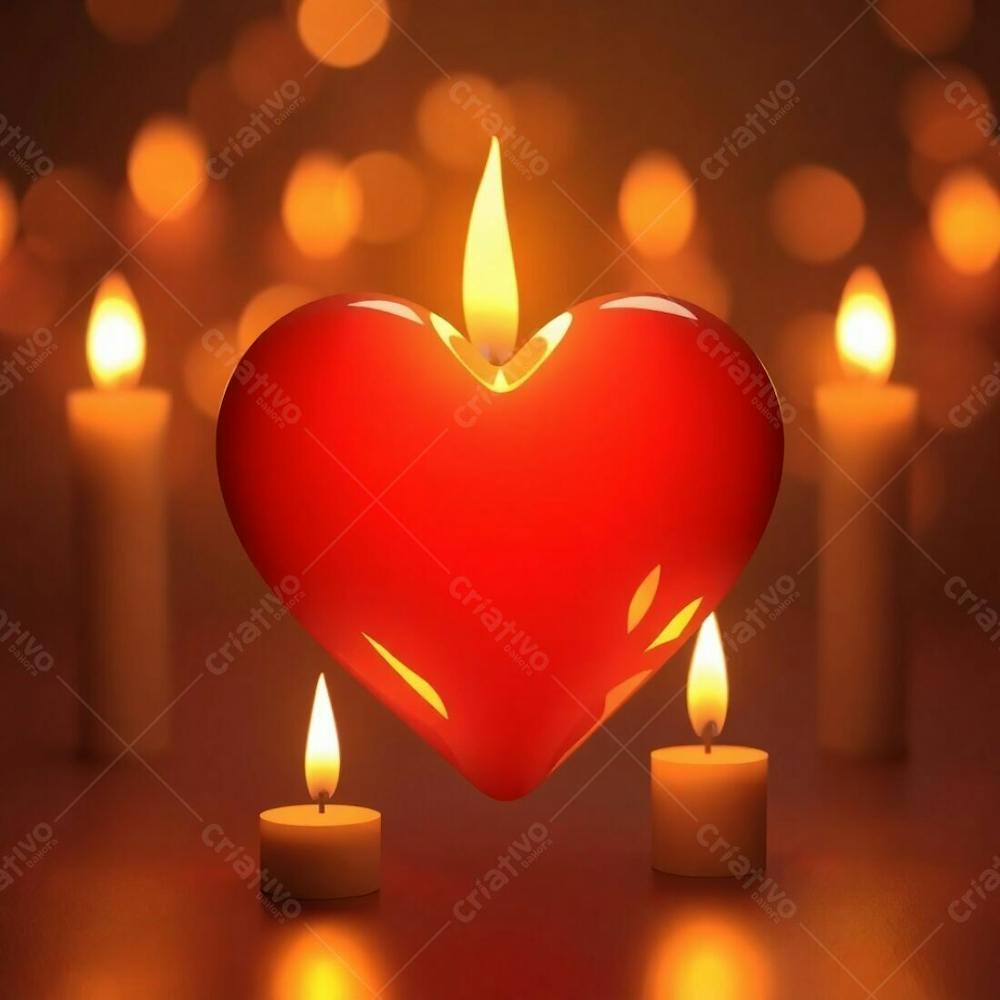 A 3D Heart Bathed In The Warm Glow Of Candlelight, Showcasing Flickering Flames And A Seamless Color Blend, Creating A Soft And Inviting Scene