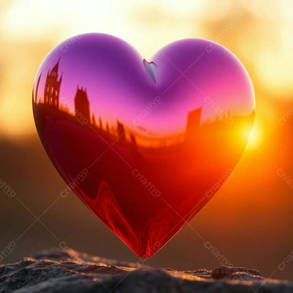 A 3D Heart Bathed In Warm Golden Hour Light, Showcasing Iridescent Colors And Reflections, Soft Light Mimicking Sunrise Or Sunset