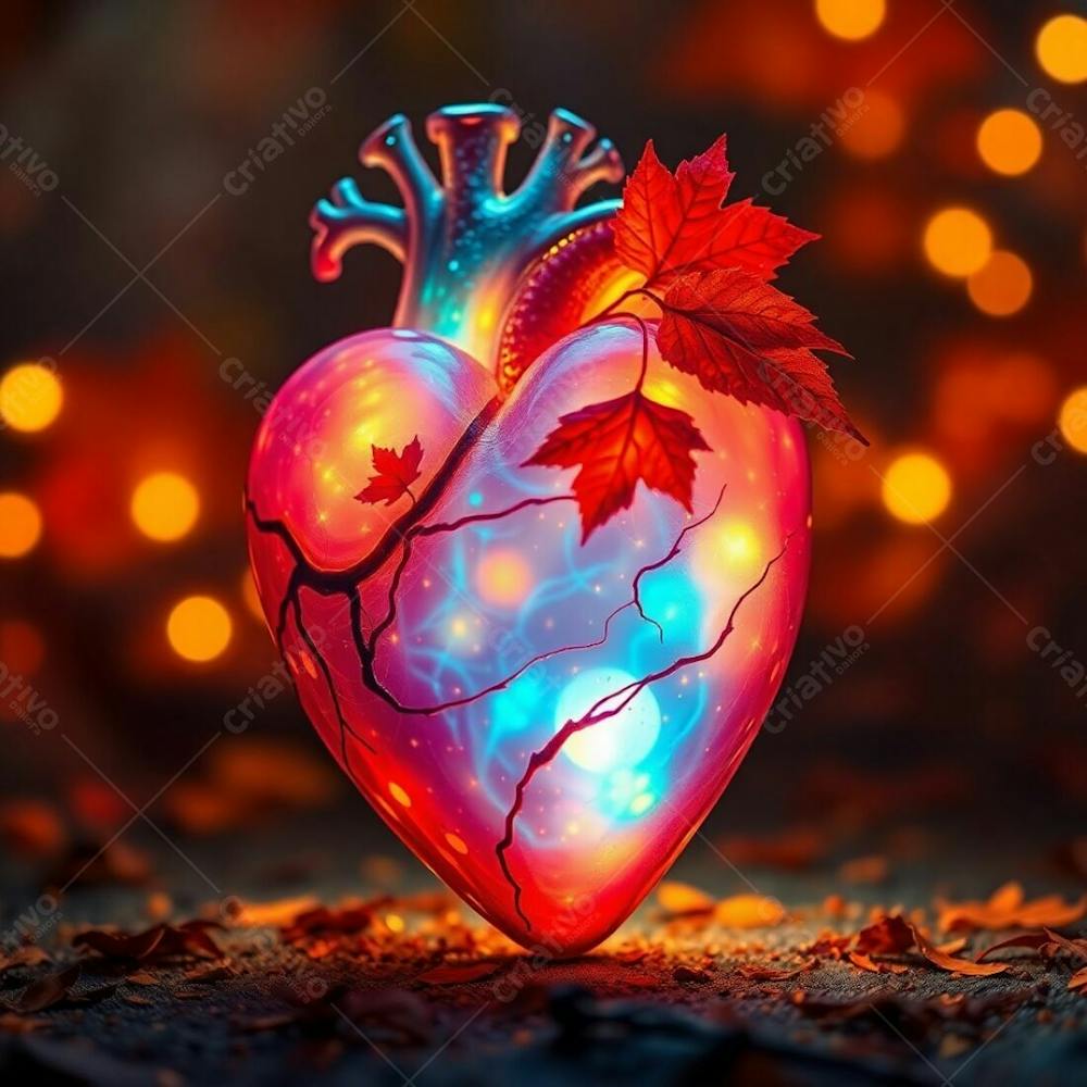 A 3D Heart Emitting A Bioluminescent Glow, Infused With Warm Autumn Colors, Creating An Earthy And Cozy Atmosphere With Natural Light Effects