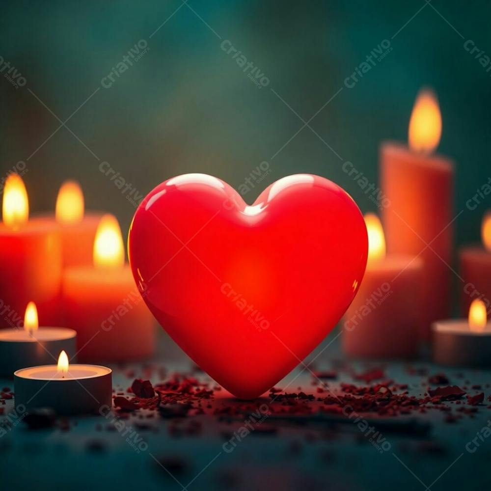 A 3D Heart Illuminated By Warm Candlelight, Terracotta And Teal Tones, Earthy And Cool Contrast, Flickering Flames, Warm Glow, Realistic Rendering