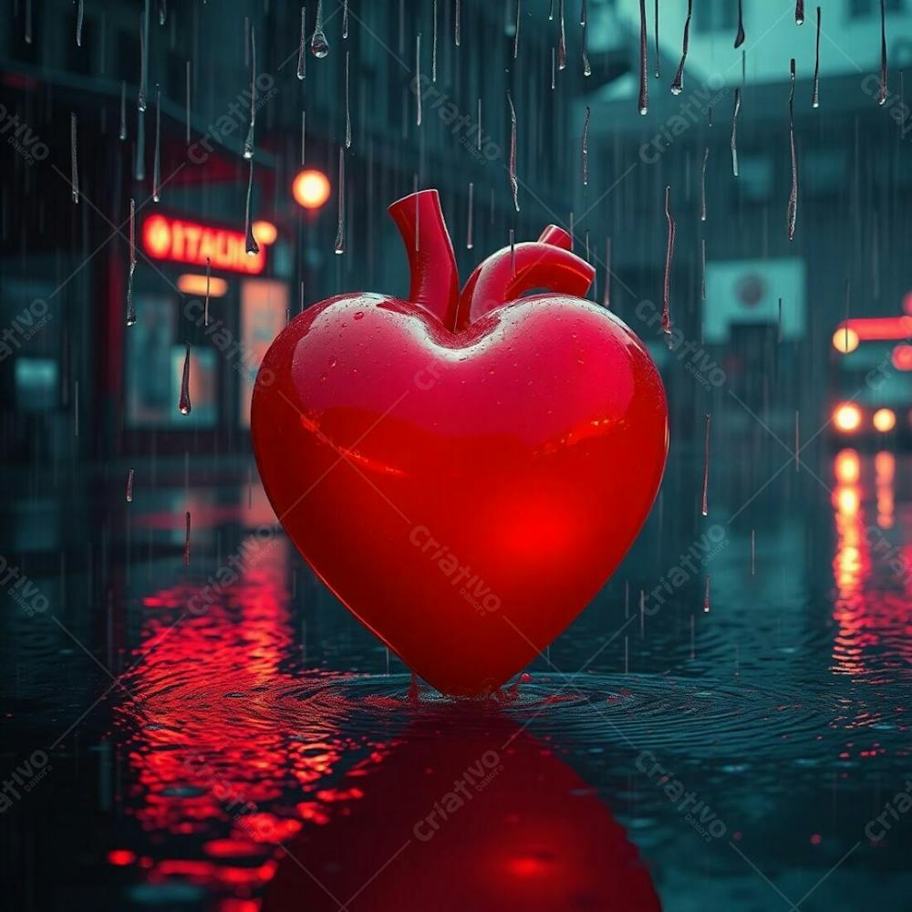 A 3D Heart In A Wet Rainy Scene With Surreal Infrared Tones Creating An Otherworldly Appearance With Drizzling Rain And Reflective Surfaces