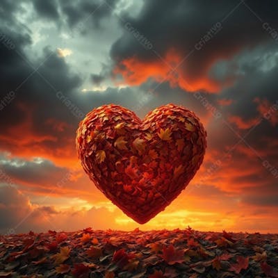 A 3D Heart In Warm Autumnal Colors, Set Against An Intense, Dramatic Stormy Sky, Conveying A Cozy Yet Tense Atmosphere