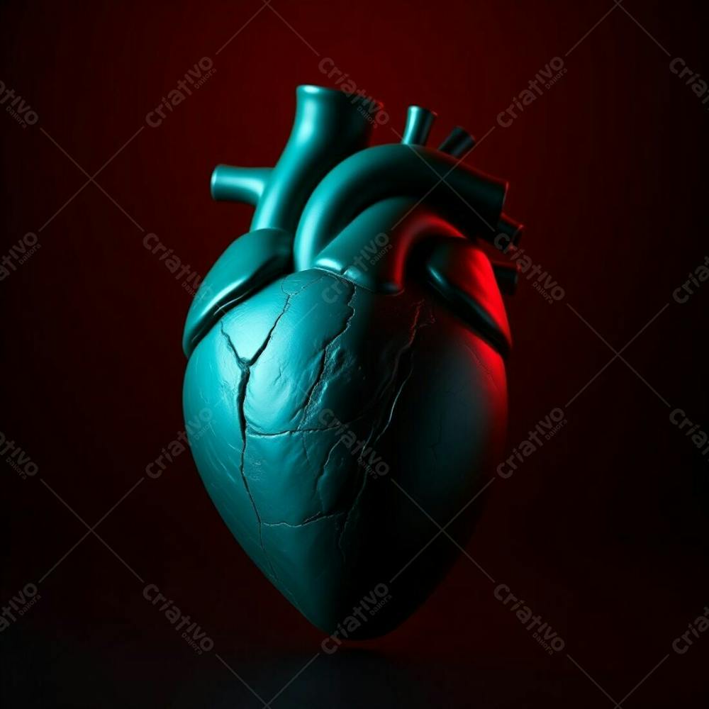 A 3D Heart Model Illuminated By Dramatic Lighting, Showcasing Rich Deep Teal Tones, Luxurious And Vibrant Appearance, High Contrast For A Tense Atmosphere