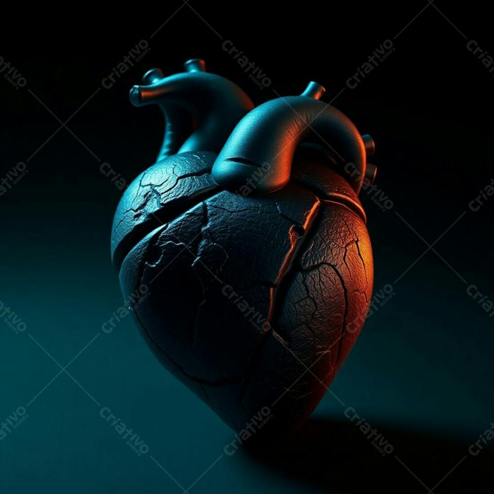 A 3D Heart Model, Deep Teal, Bathed In Intense Dramatic Lighting, Showcasing Luxurious Vibrant Textures And High Contrast For A Dramatic Effect