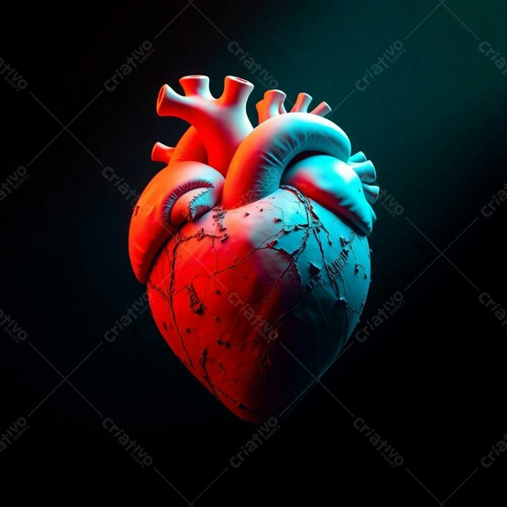 A 3D Heart Presented In Warm Terracotta And Cool Teal Under Intense Dramatic Lighting, High Contrast Creating Tension And Highlighting Earthy And Cool Contrast