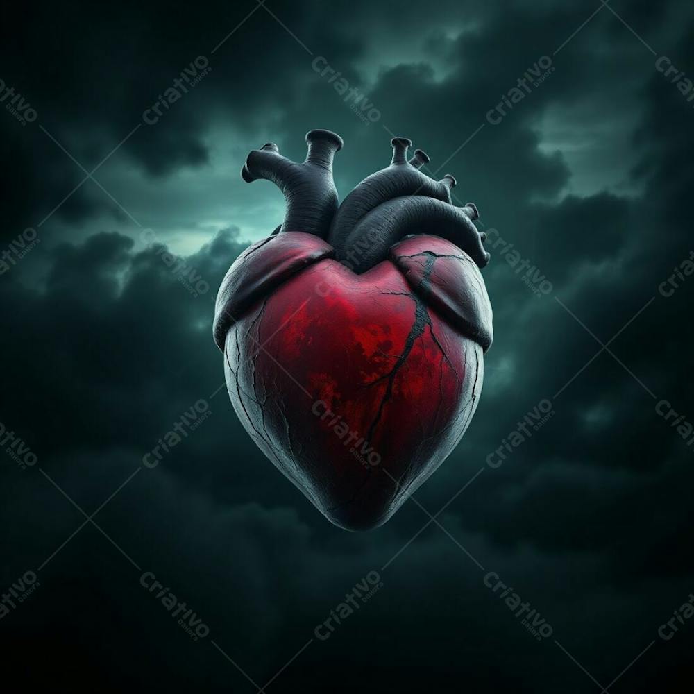 A 3D Heart Rendered In A Strong Moody Style Under Intense Dramatic Weather, Showcasing Low Contrast, Stormy Skies, And High Tension