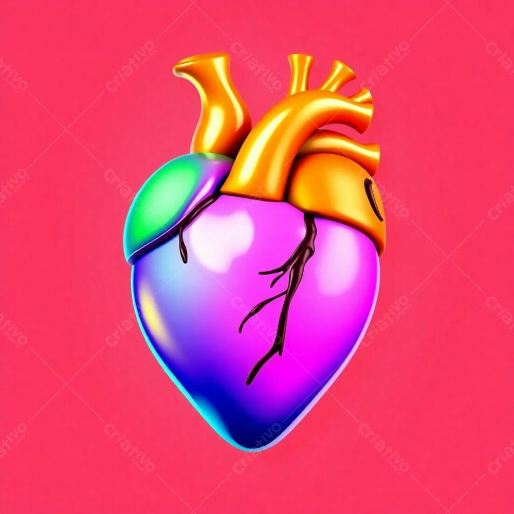 A 3D Heart Rendered In Bright Vibrant Colors, Exhibiting A Lively And Energetic Aesthetic With Bold Outlines And Sharp Details