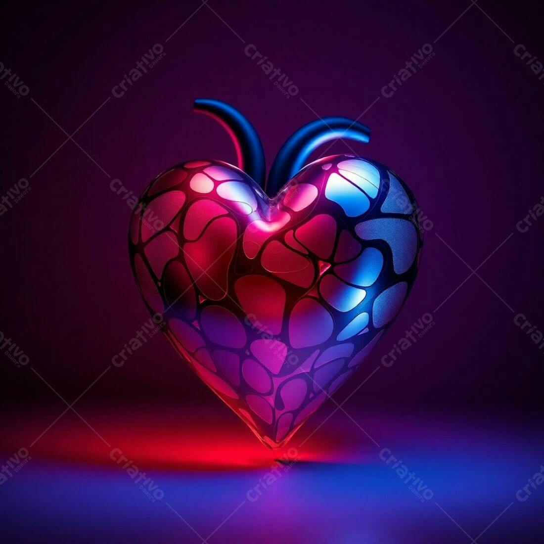Coração 3D neon vermelho e azul