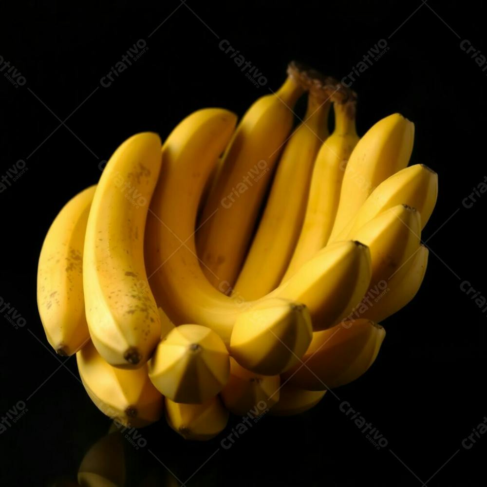 A Realistic Image Of A Bunch Of Bananas Against A Black Background, Mystic And Enchanting Environment, Gentle Color Contrasts, Dreamlike Atmosphere, Ethereal Quality