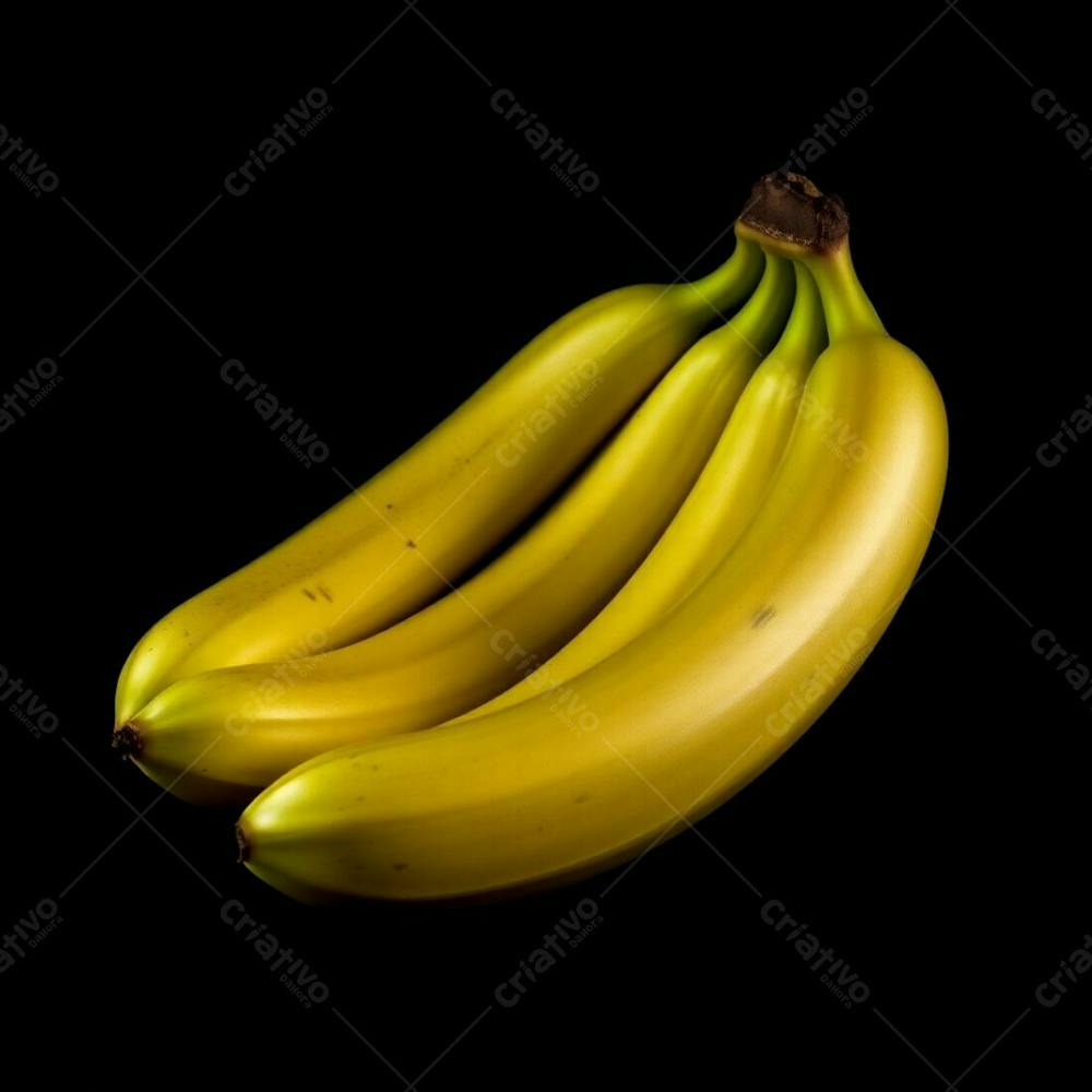 A Realistic Image Of A Bunch Of Bananas Against A Black Background, Showcasing Iridescent Colors Under Contrasting Chiaroscuro Lighting, Strong Contrasts, And Deep Shadows With Iridescent Reflections