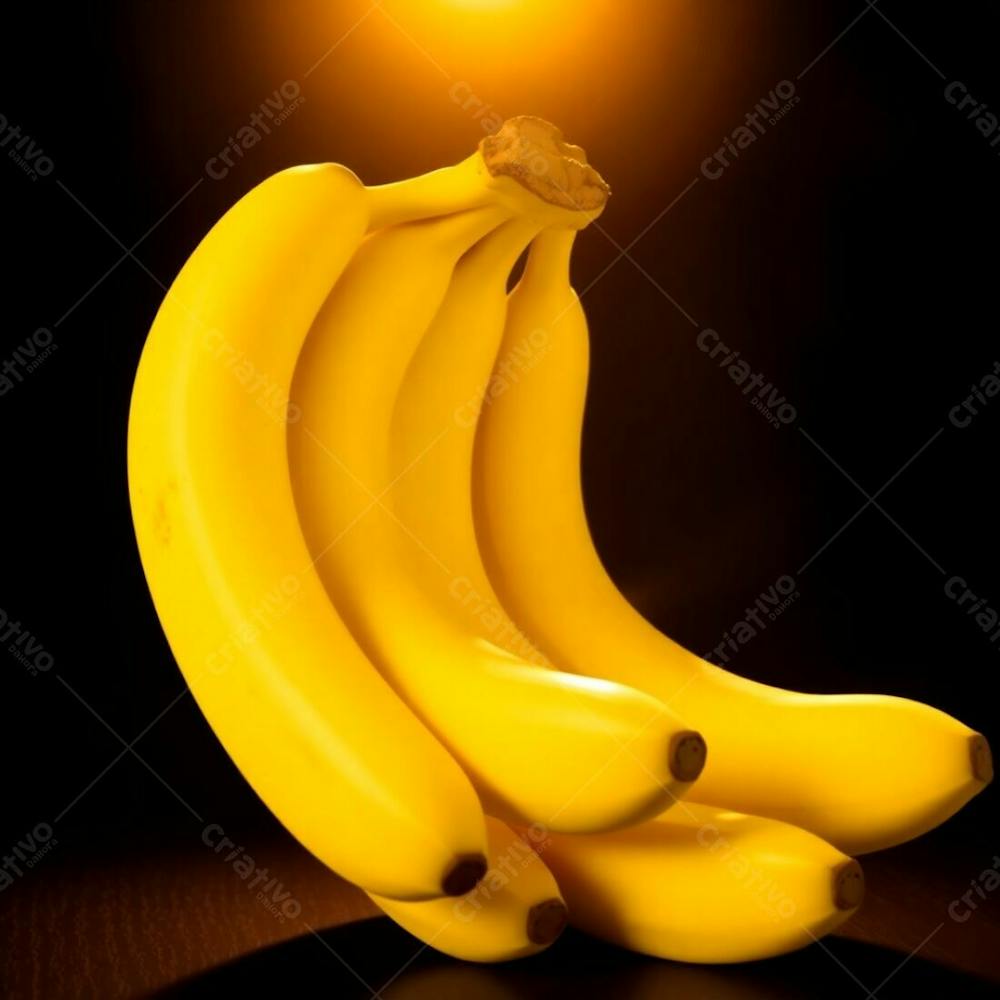 A Realistic Image Of A Bunch Of Bananas Against A Black Background, Warm Golden Hour Light, Warm Golden Glow, Radiant And Luxurious, Soft Light