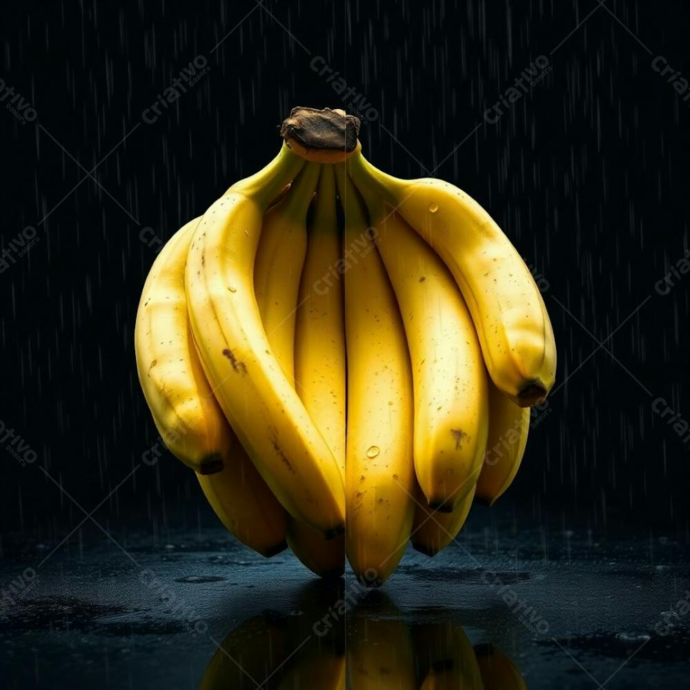 A Realistic Image Of A Bunch Of Bananas Against A Black Background, Wet Rainy Scene, Distinct Split, Divided Sections, Bold Areas, Drizzling Rain, Reflective Surfaces