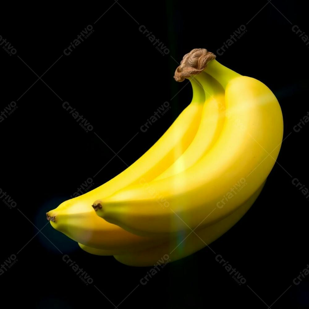 Realistic Image Of A Banana Bunch Against A Black Background, Cool Bright Lens Flare, Vibrant Blues, Greens, Purples, Light Streaks