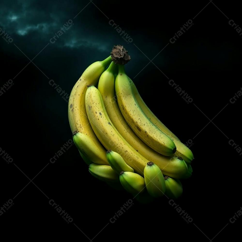 Realistic Image Of A Banana Bunch Against A Black Background, Intense Dramatic Weather, Rich Deep Teal, Luxurious And Vibrant Aesthetic, Stormy Skies, High Tension