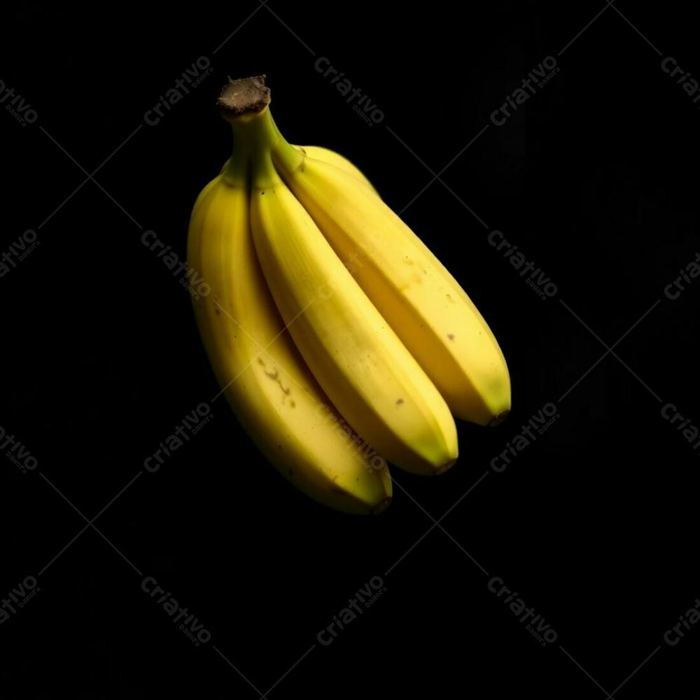 Realistic Image Of A Banana Bunch Against A Black Background, Soft Cinematic Haze, Soft Focus, Hazy Background, Divided Sections, Bold Areas