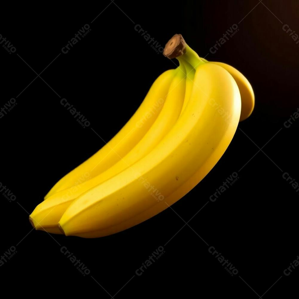 Realistic Image Of A Banana Bunch Against A Black Background, Vibrant Complementary Colors, Warm Golden Hour Light, Soft Light Just After Sunrise Or Before Sunset, Contrasting Colors, Balanced Tones