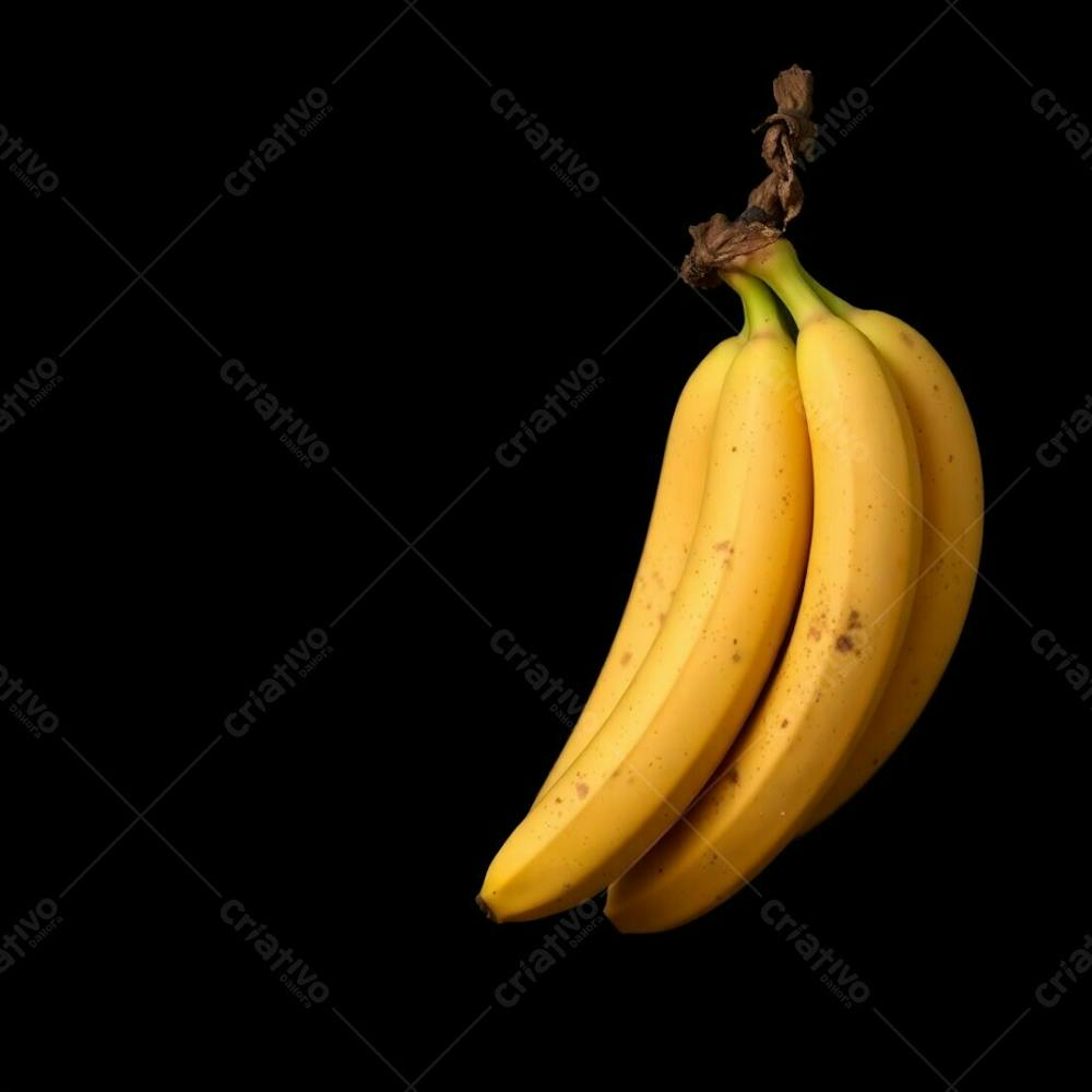 Realistic Image Of A Banana Bunch Against A Black Background, Warm Autumn Colors, Earthy And Cozy, Mystic Enchanting Environment, Gentle Color Contrasts, Dreamlike Atmosphere, Ethereal Quality