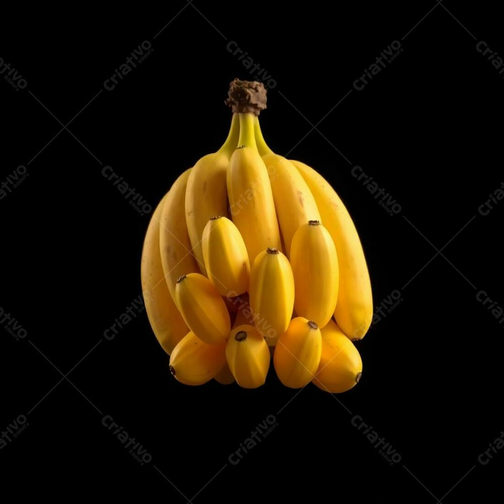 Realistic Image Of A Banana Bunch Against A Black Background, Warm Golden Glow, Radiant And Luxurious Aesthetic, Mystic Enchanting Environment, Gentle Color Contrasts, Dreamlike Atmosphere, Ethereal Quality