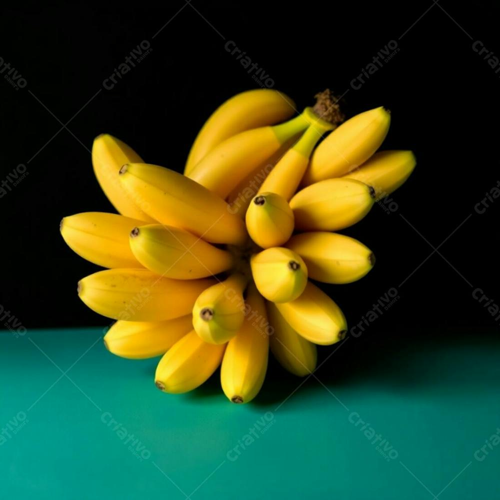 Realistic Image Of A Banana Bunch Against A Black Background, Warm Terracotta And Cool Teal, Gentle Soft Light, Diffused Shadows, Subtle Illumination, Earthy And Cool Contrast