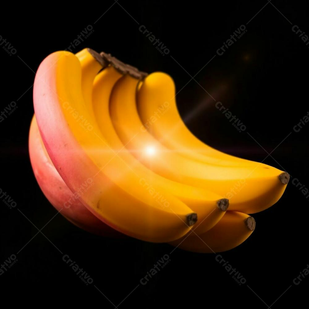 Realistic Image Of A Bunch Of Bananas Against A Black Background, Bright Lens Flare, Warm Lighting, Reds, Oranges, And Yellows, Vibrant Colors, Light Streaks