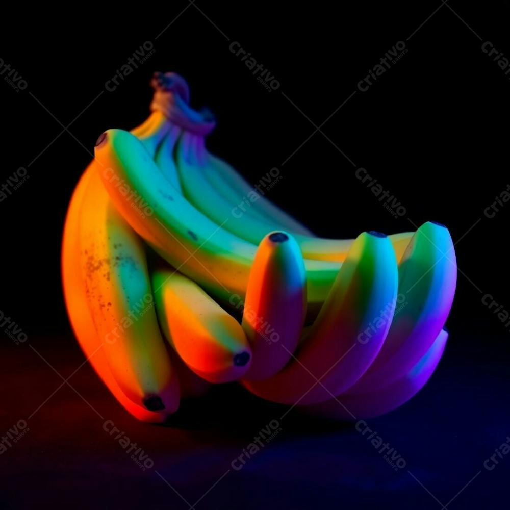 Realistic Image Of A Bunch Of Bananas Against A Black Background, Electric Vivid Colors, Mystic Enchanting Environment, Gentle Color Contrasts, Dreamlike Atmosphere, Ethereal Quality