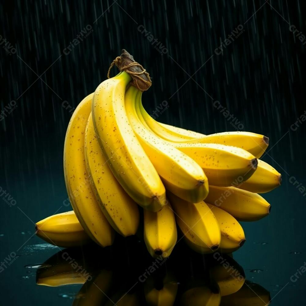 Realistic Image Of A Bunch Of Bananas Against A Black Background, Wet Rainy Scene, Rich Deep Teal, Luxurious And Vibrant, Drizzling Rain, Reflective Surfaces