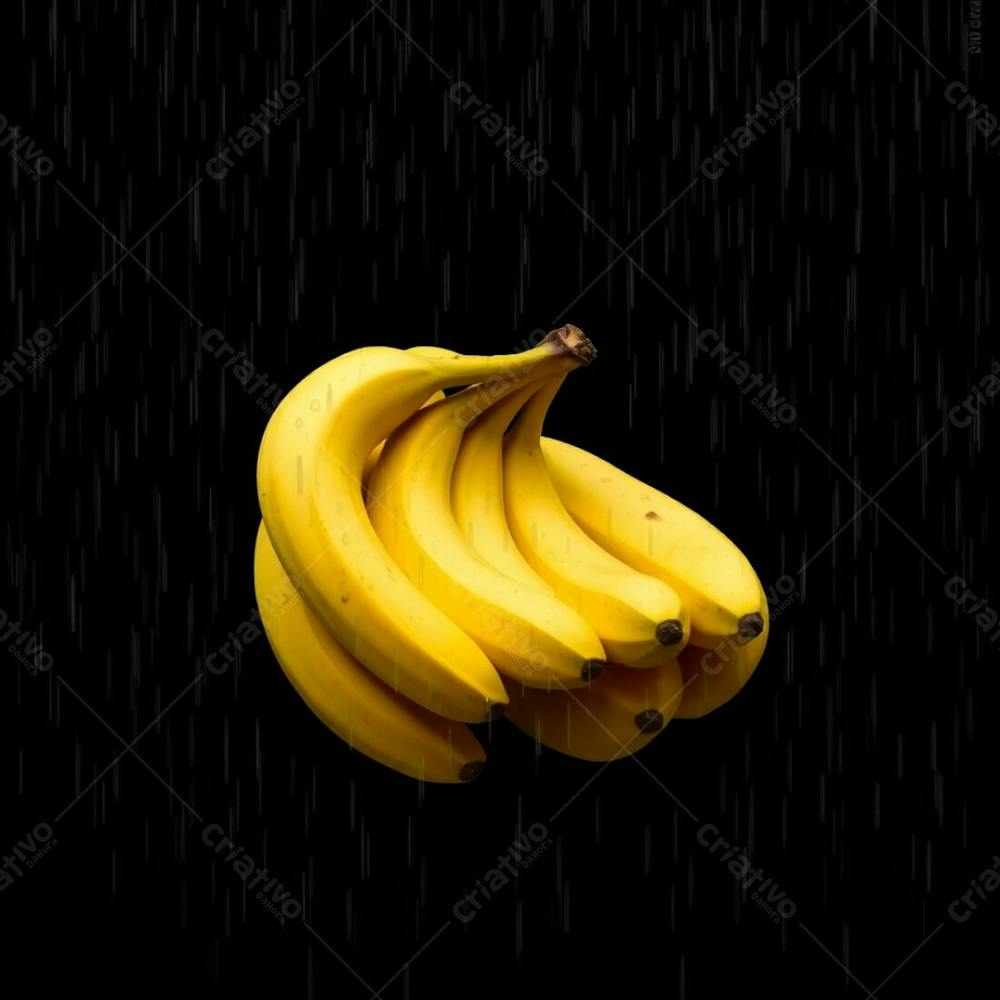 Realistic Image Of A Bunch Of Bananas Against A Black Background, Wet Rainy Scene, Smooth Gradient Transition, Seamless Color Blending, Drizzling Rain, Reflective Surfaces