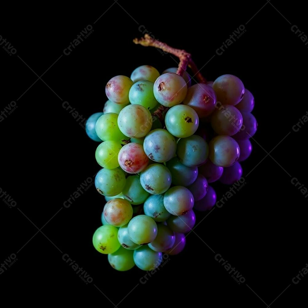 A Realistic Image Of A Bunch Of Delicious Grapes Against A Black Background, Creatively Lit In Cool Blues, Greens, And Purples, With Artistic Lighting And Abstract Patterns