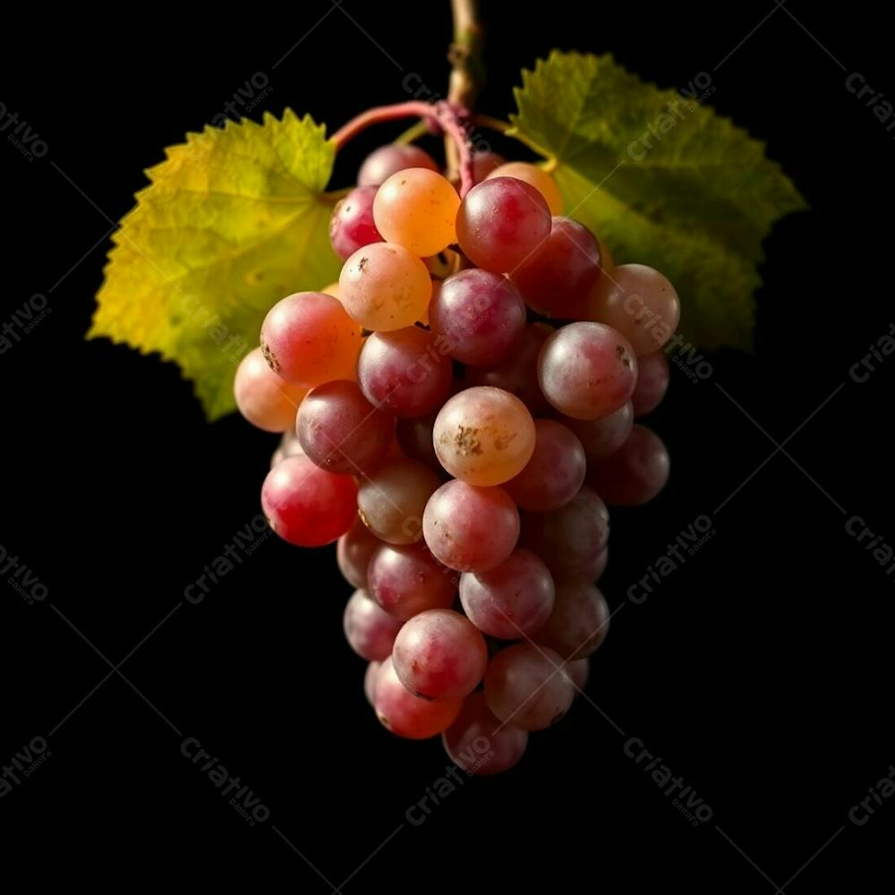 A Realistic Image Of A Bunch Of Delicious Grapes Against A Black Background, Bathed In Warm, Gentle, Soft Light, With Diffused Shadows And Subtle Illumination In Reds, Oranges, And Yellows