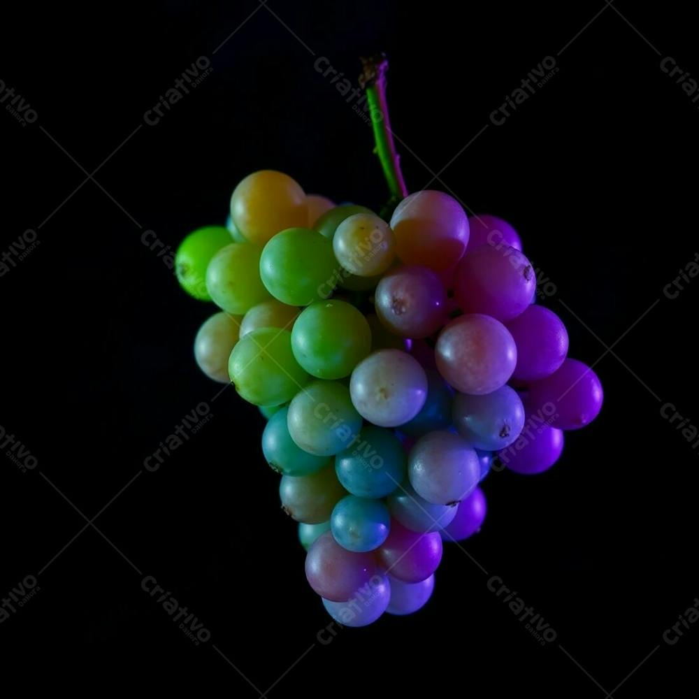 A Realistic Image Of A Bunch Of Delicious Grapes Against A Black Background, Illuminated By Volumetric Lighting In Cool Blues, Greens, And Purples, With Visible Light Beams Through Dust Or Fog