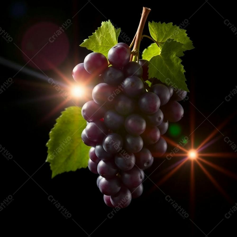 A Realistic Image Of A Bunch Of Delicious Grapes Against A Black Background, Showcasing Bright Lens Flares And Vibrant Light Streaks