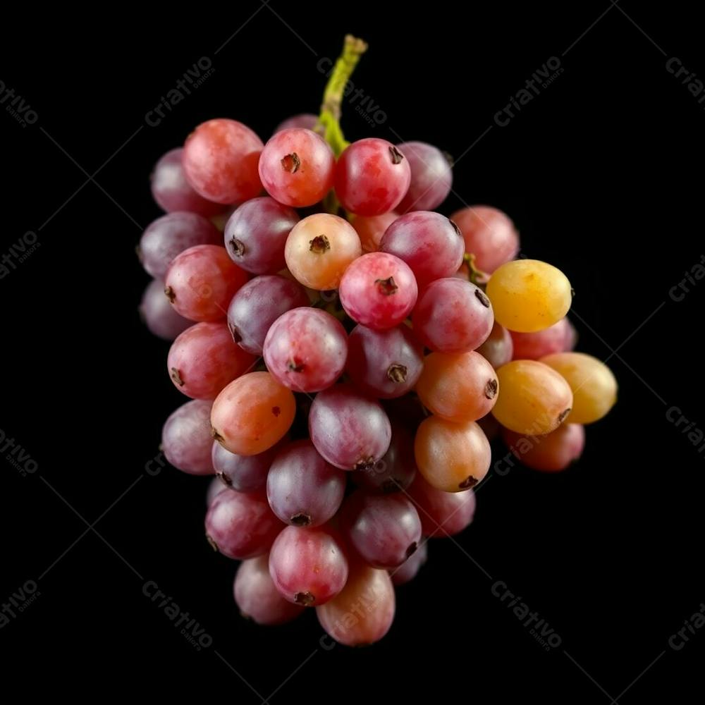 A Realistic Image Of A Bunch Of Delicious Grapes Against A Black Background, Softly Lit With Vibrant, Complementary Colors, Balanced Tones, Diffused Shadows, And Subtle Illumination