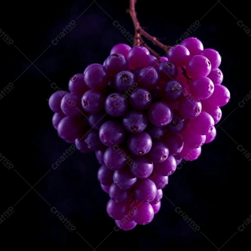 Realistic Image Of A Cluster Of Delicious Grapes Against A Black Background Deep Ultraviolet Hues Volumetric Lighting Visible Light Beams Through Dust Or Fog Vivid Purples High Contrast