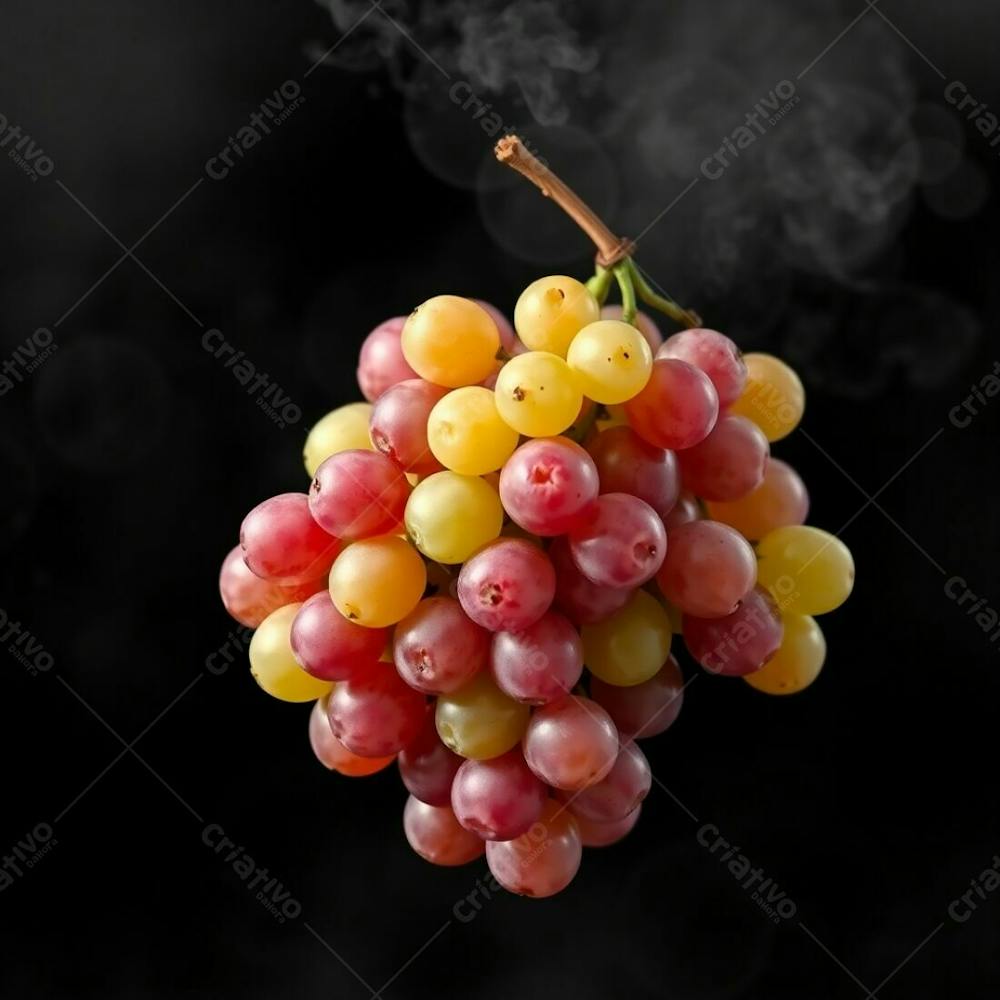 Realistic Image Of A Delicious Bunch Of Grapes Against A Black Background Bright Vibrant Colors Thick Fog Low Visibility Lively And Energetic Atmosphere