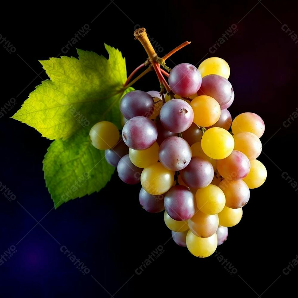 Realistic Image Of A Delicious Bunch Of Grapes Against A Black Background Electric Vivid Colors Artistic Lighting Abstract Patterns Creative Light Art Style