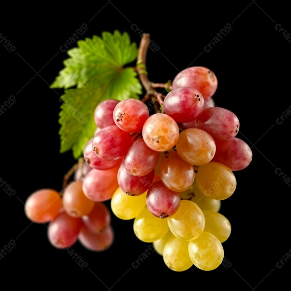 Realistic Image Of A Delicious Bunch Of Grapes Against A Black Background Electric Vivid Colors Gentle Soft Light Diffused Shadows Subtle Illumination