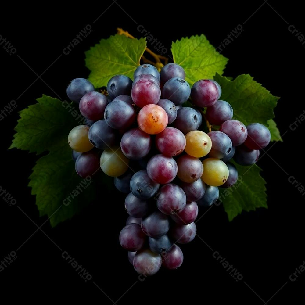 Realistic Image Of A Delicious Bunch Of Grapes Against A Black Background High Contrast Low Key Lighting Cool Colors Blues Greens Purples Deep Shadows Dramatic Effect