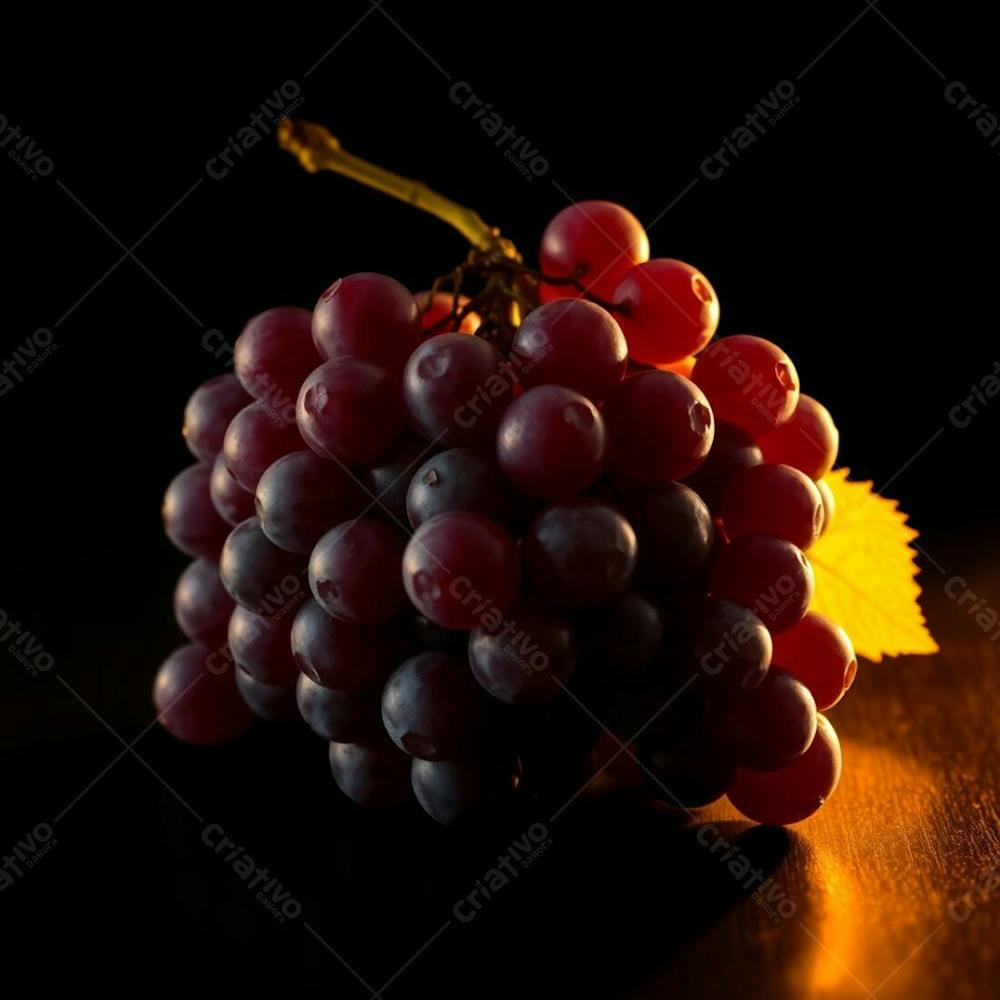 Realistic Image Of A Delicious Bunch Of Grapes Against A Black Background High Contrast Low Key Lighting Warm Golden Glow Radiant And Luxurious Deep Shadows Dramatic Effect