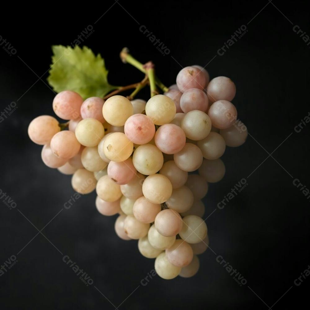 Realistic Image Of A Delicious Bunch Of Grapes Against A Black Background Soft Pastel Colors Thick Fog Low Visibility Gentle And Soothing Atmosphere