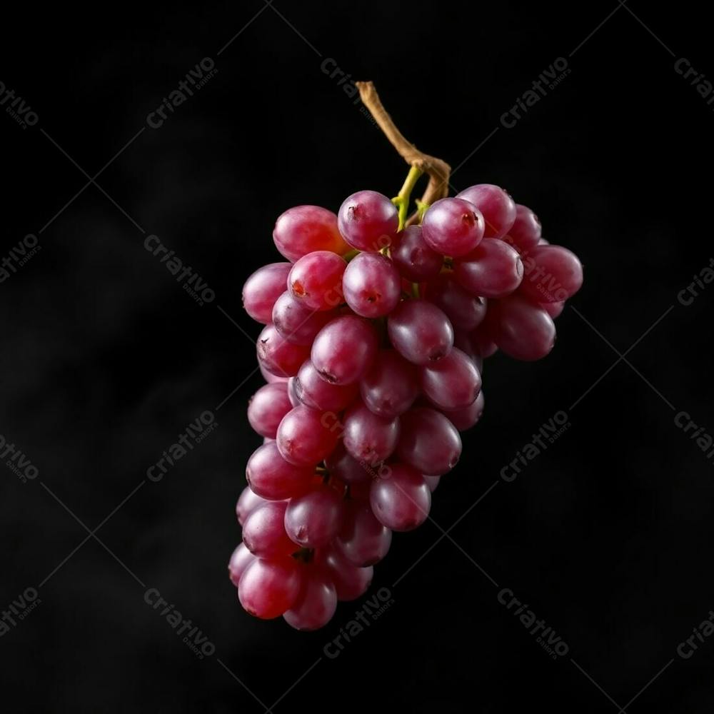 Realistic Image Of A Delicious Bunch Of Grapes Against A Black Background Vibrant Complementary Colors Volumetric Lighting Visible Light Beams Through Dust Or Fog Balanced Contrasting Tones