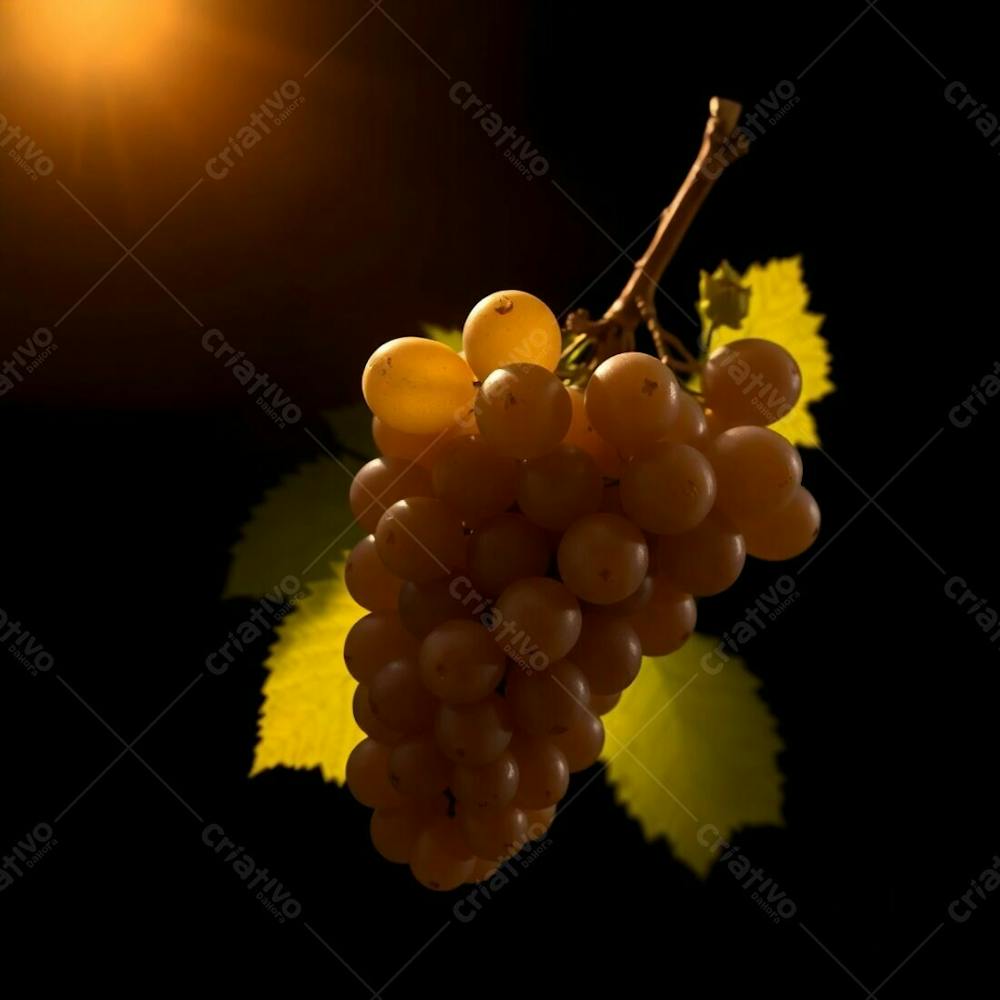 Realistic Image Of A Delicious Bunch Of Grapes Against A Black Background Warm Golden Glow Silhouetted Backlighting Radiant And Luxurious Light Source Behind Subject