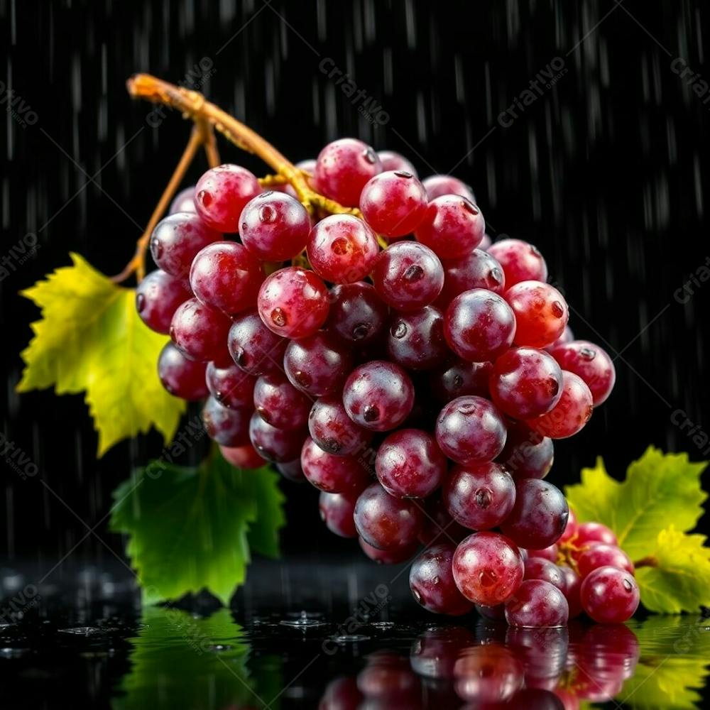 Realistic Image Of A Delicious Grape Cluster Against A Black Background Bright Vibrant Colors Wet Rainy Scene Drizzling Rain Reflective Surfaces Lively And Energetic