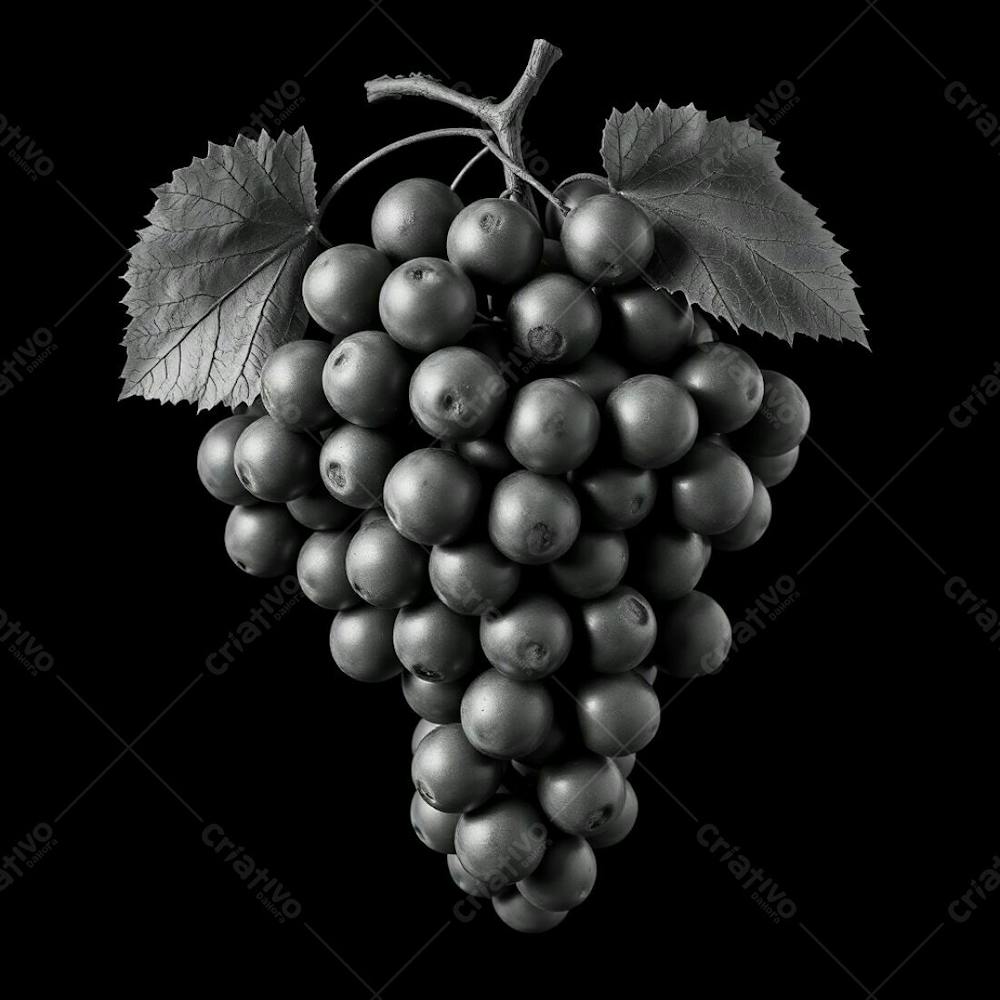 Realistic Image Of A Delicious Grape Cluster Against A Black Background Classic Black And White Timeless Elegant