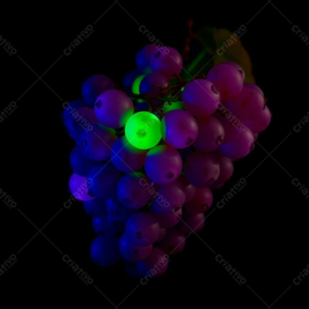 Realistic Image Of A Delicious Grape Cluster Against A Black Background Glowing Bioluminescent Colors Cool Blues Greens Purples Natural Light Effects Vibrant Glow