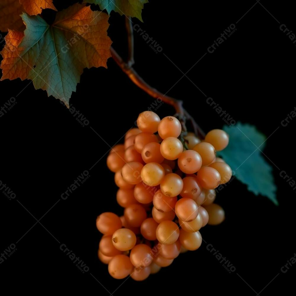 Realistic Image Of A Delicious Grape Cluster Against A Black Background Warm Terracotta And Cool Teal Mystic Enchanting Environment Gentle Color Contrasts Dreamlike Atmosphere Otherworldly Ethereal Qu